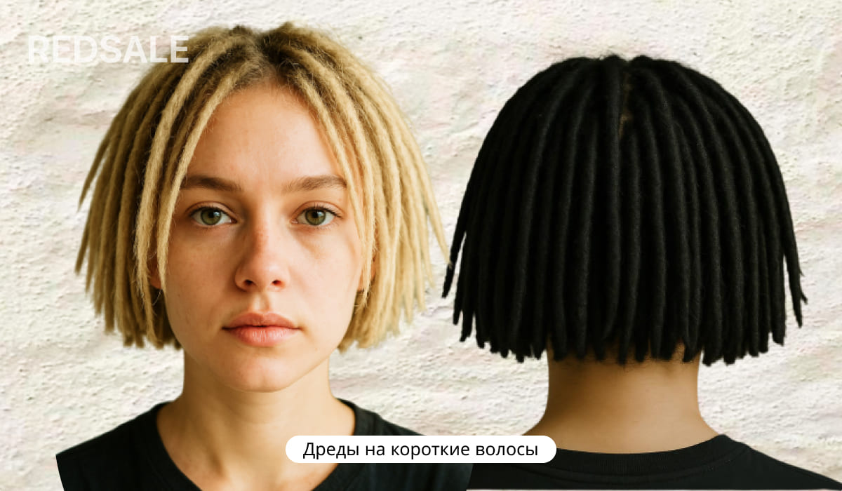 Мужчина с короткими рыжевато-коричневыми дредами одинаковой длины до плеч (вид спереди) и женщина с короткими черными дредами (вид сзади) на нейтральном фоне.