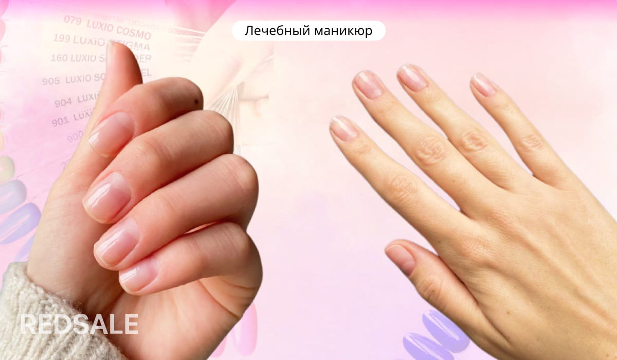 Две ухоженные руки с натуральным и аккуратным маникюром на мягком розово-фиолетовом градиентном фоне с полупрозрачной надписью.