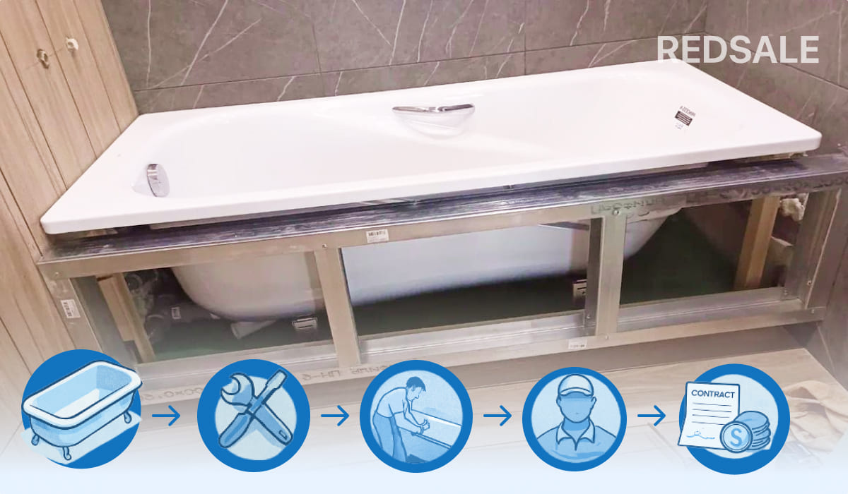 Изображение процесса монтажа встроенной ванны на металлический каркас в современном санузле с визуальной схемой основных этапов установки.