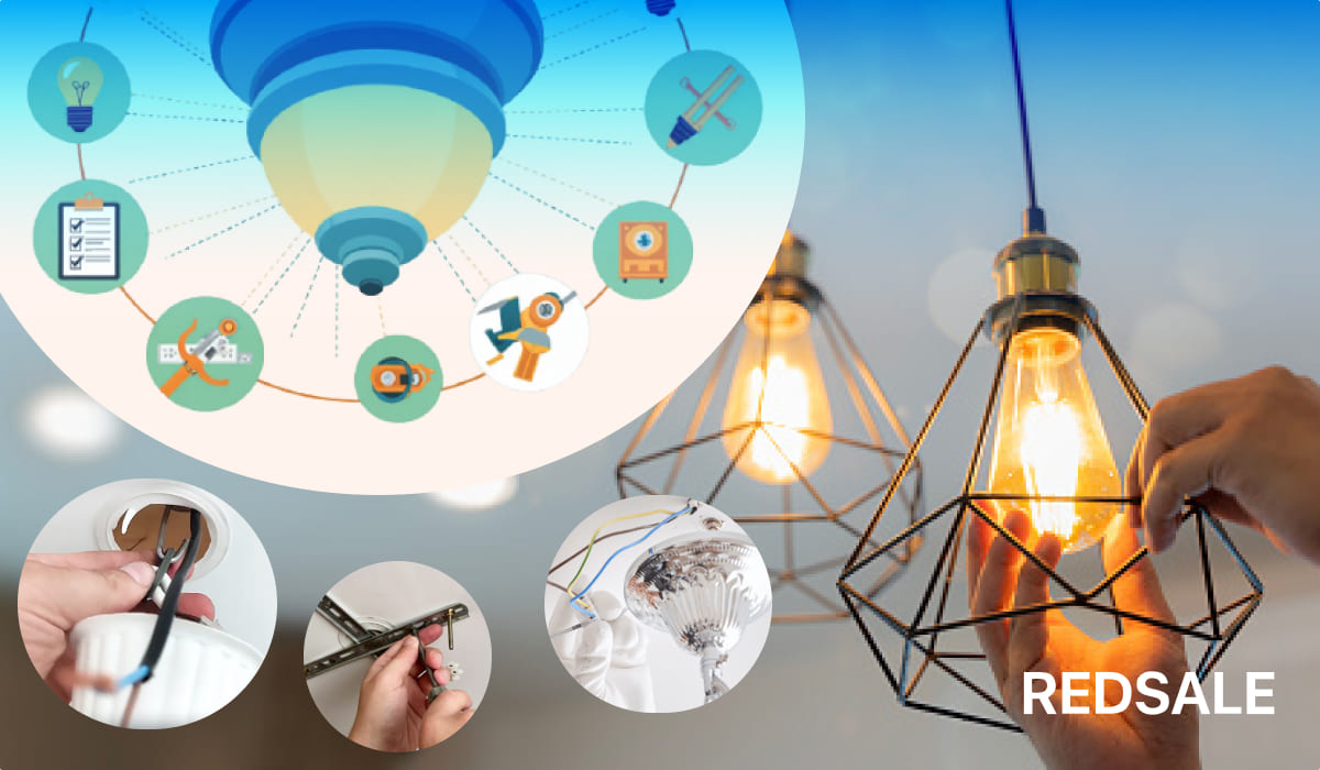 Руки электрика монтируют лампу в проволочный плафон, иллюстрация люстры с иконками этапов работы и инструментов.