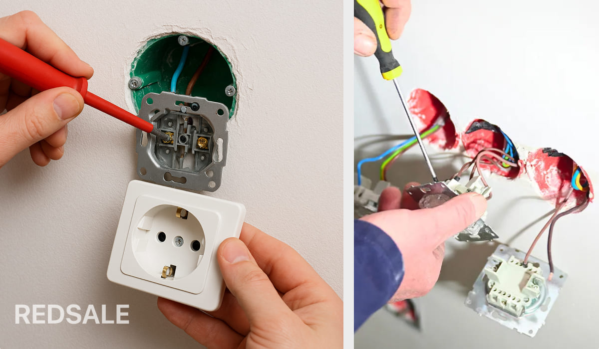 Монтаж розеток в квартире: электрик подключает проводку и устанавливает новые электрические розетки в подрозетники.