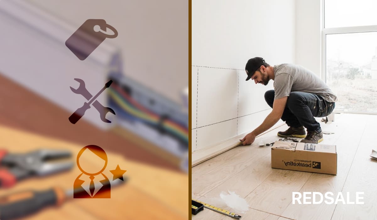 Мастер устанавливает напольный плинтус в светлой комнате, рядом разложены инструменты