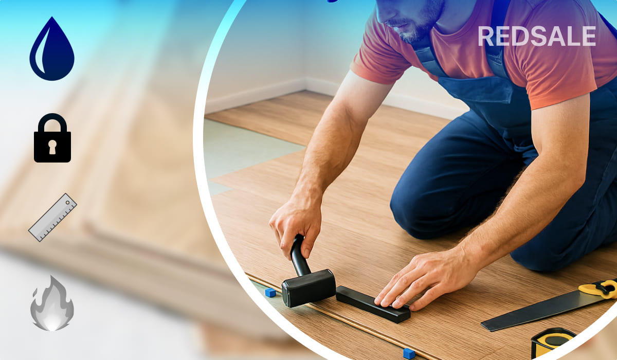 Монтаж ламината мастером на коленях в комнате, вид крупным планом на процесс укладки напольных панелей.