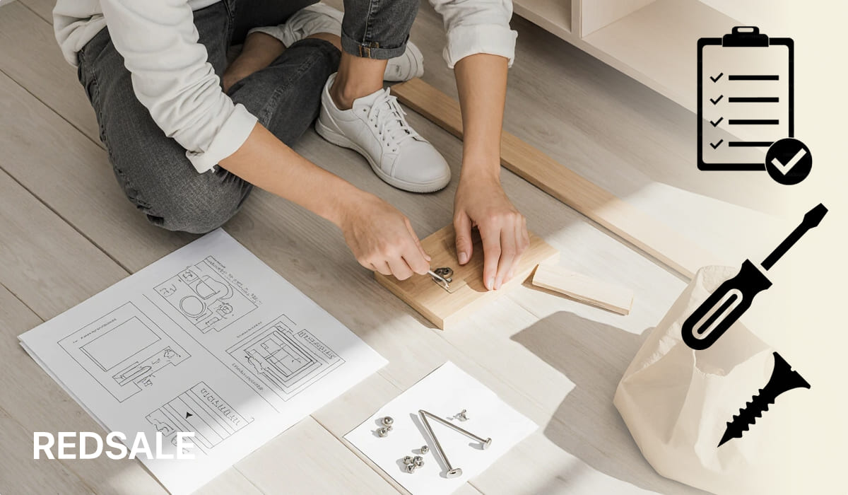Женщина собирает деревянную мебель на светлом деревянном полу, используя чертёж, молоток, шурупы и сумку с инструментами.
