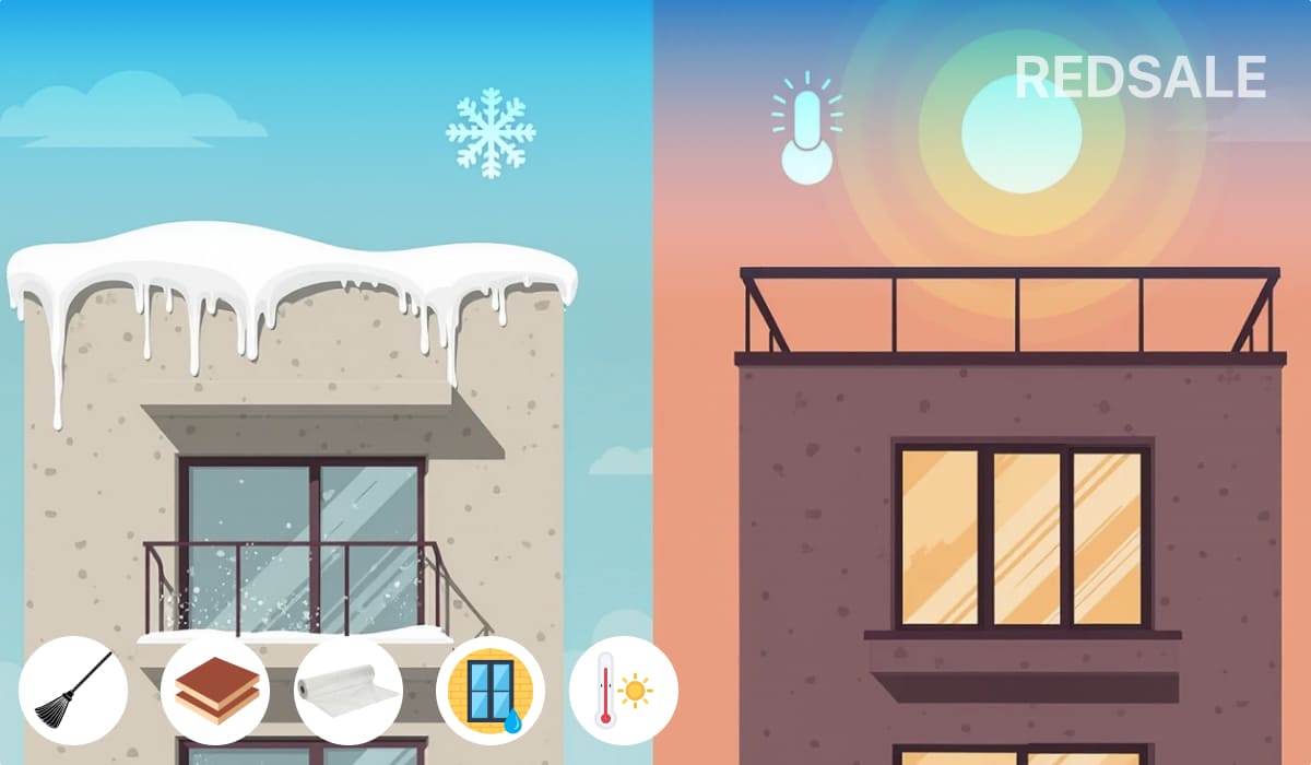 Сравнение неутеплённого и тёплого балкона: зимний балкон со снегом и льдом против летнего уютного балкона, где тепло держится за счёт качественной теплоизоляции и новых окон.