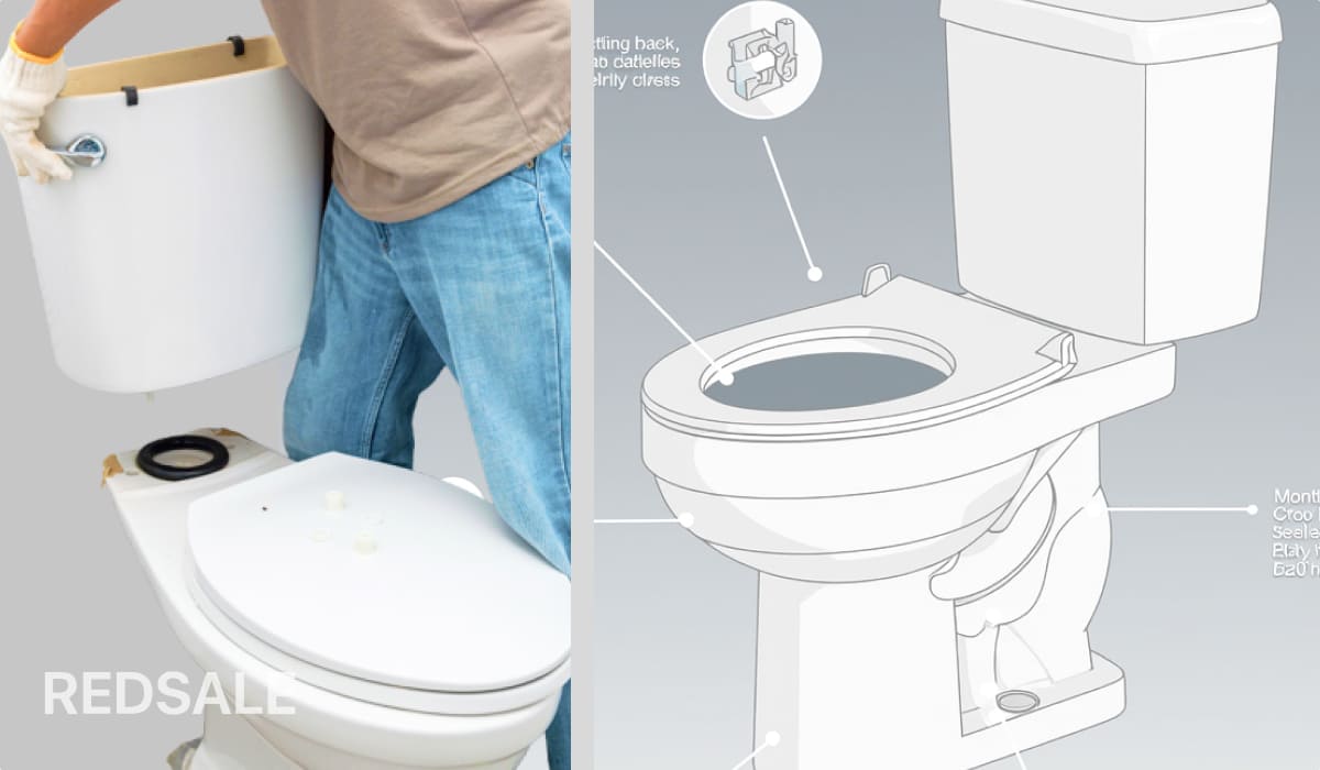 Инфографика или схема на упаковке унитаза, показывающая его запатентованные компоненты: систему Mentor, ободок Cico, уплотнение Seal и сиденье Eaty.