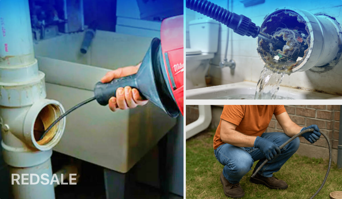 Человек вставляет гибкий шланг красного пистолета в канализационную трубу у раковины; вид засорённой трубы с грязью и водой; рабочий на улице прочищает трубу на газоне.