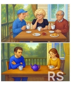 1. Акварель, мягкие кисти, тёплые тона. Детали интерьера и природы создают уют. Подчёркнуто семейное единство.
2. Приглушённые тона, холодные оттенки, мягкие мазки. Передано отчуждение через детали и позы.