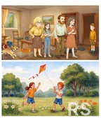 1. Экспрессивные линии, приглушённые цвета, тени. Напряжение подчёркнуто через позы и выражения лиц.
2. Яркие краски, динамичные мазки, контрасты. Передана детская беззаботность и свобода.