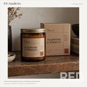 P.F. Candle Co.: концепт этикетки свечи и коробки на основе строгой сетки и крафтовой фактуры. Личный редизайн, не заказ бренда. Визуализация, не фото тиража.