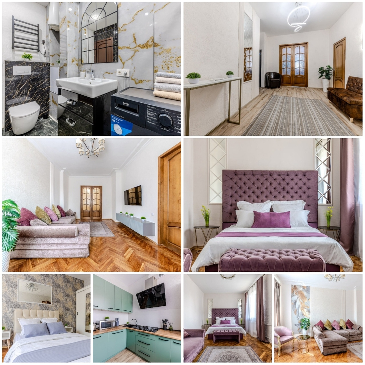 Использован современный минимализм с акцентами на текстуры, свет и функциональность, подчёркнутые нейтральной палитрой и яркими деталями. Фотографии смонтированы в единую композицию, демонстрирующую гармонию пространства и внимание к деталям интерьера.