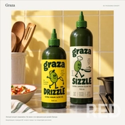 Graza: концепт двух этикеток для Drizzle и Sizzle с разными цветами и единой системой. Личный редизайн, не заказ бренда. Визуализация, не фото тиража.