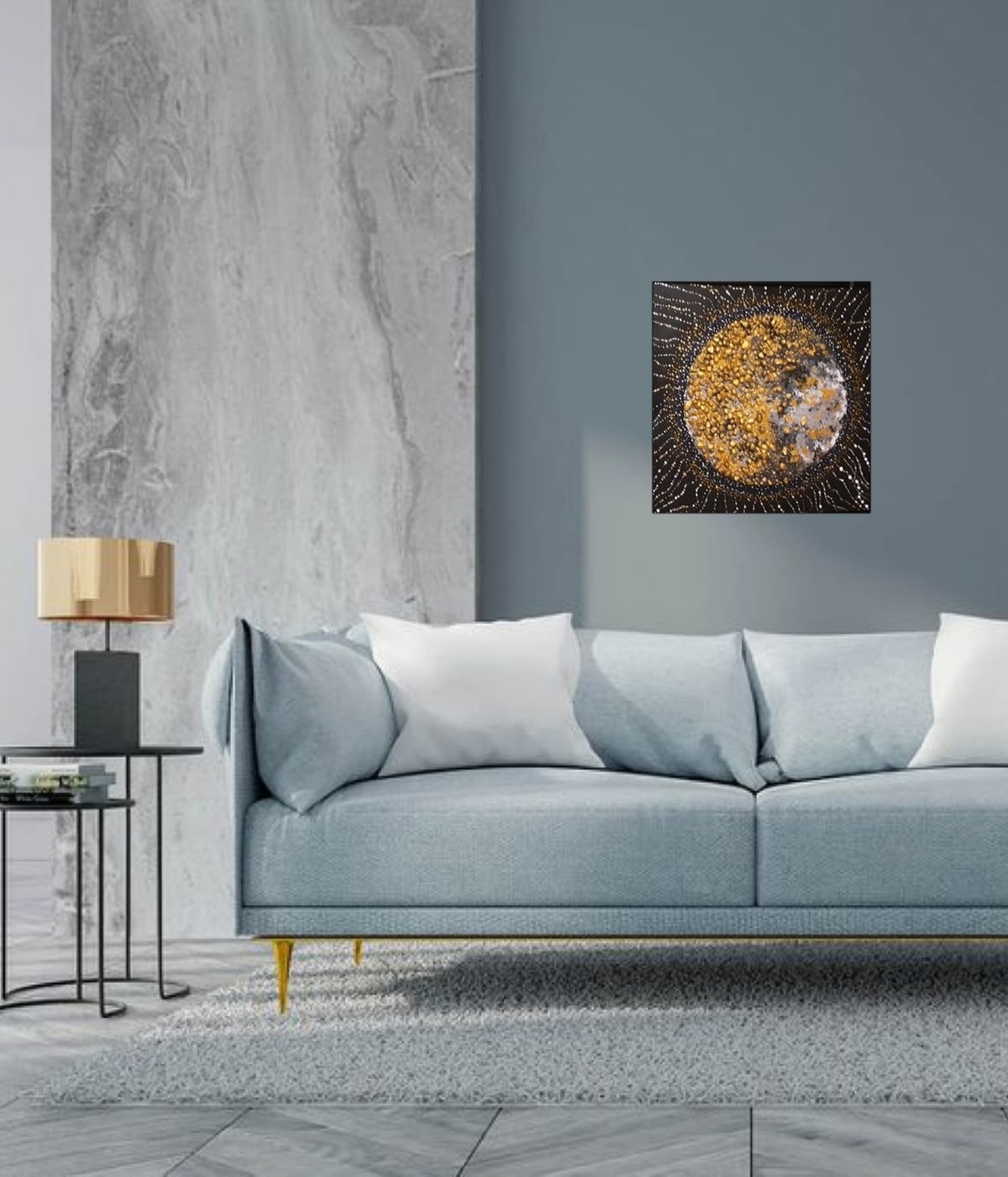 Интерьерная картина, с использованием смешанных техник - точечной росписи, фактурных паст, золота и и белого акрила.