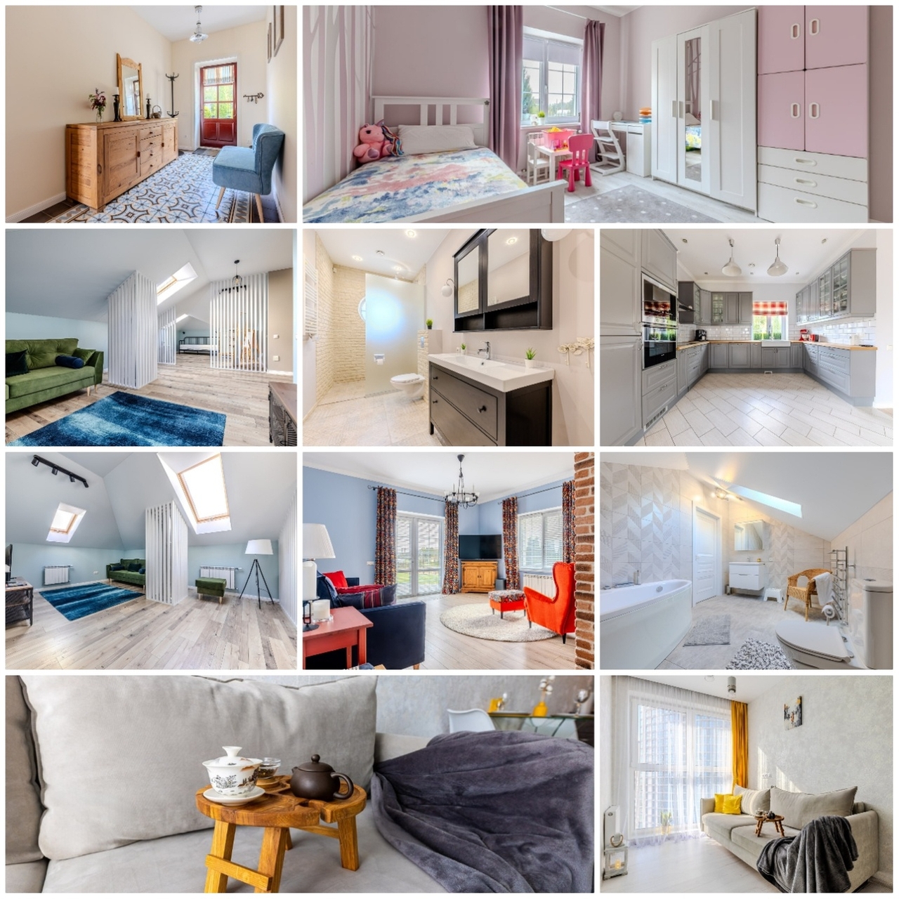 Коллаж из интерьерных фотографий одного дома, позволяющий понять стилистику, видение и обработку фотографа. Применены широкоугольные объективы, мягкое естественное освещение и профессиональная постобработка для усиления глубины и насыщенности цветов.