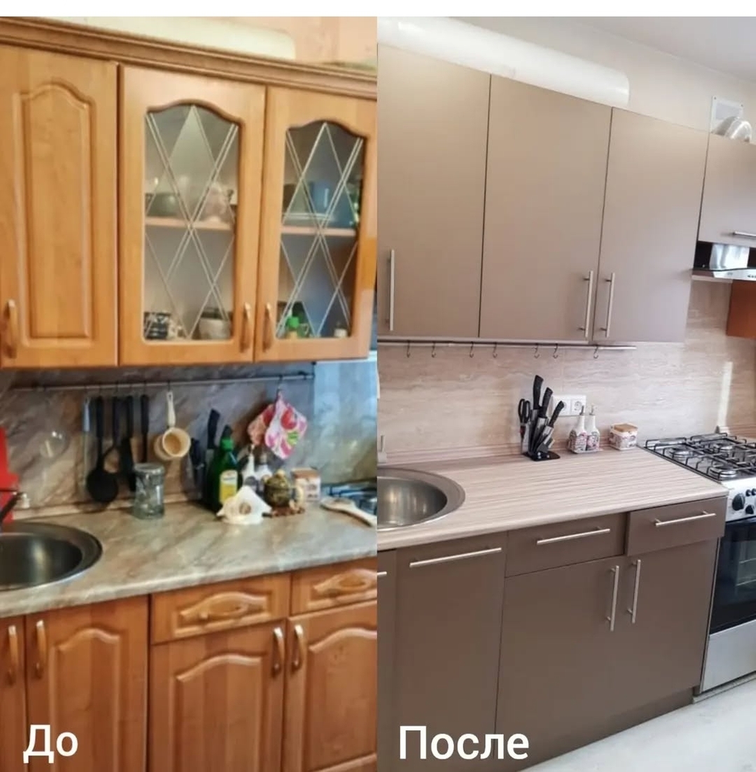 Заменены старые деревянные фасады на современные гладкие панели, установлена новая столешница. Обновлённая мебель приобрела стильный и практичный вид, а рабочая зона стала удобнее и функциональнее.