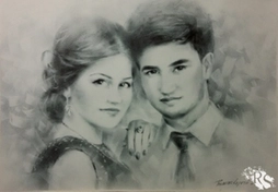 Портрет молодой пары (бумага, сухая кисть)