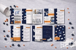 Дизайн каталога для производителя пластиковой упаковки выполнен в современном стиле с акцентом на синие и оранжевые корпоративные цвета. Использованы качественные фотографии продукции, чёткая структура и лаконичная вёрстка.