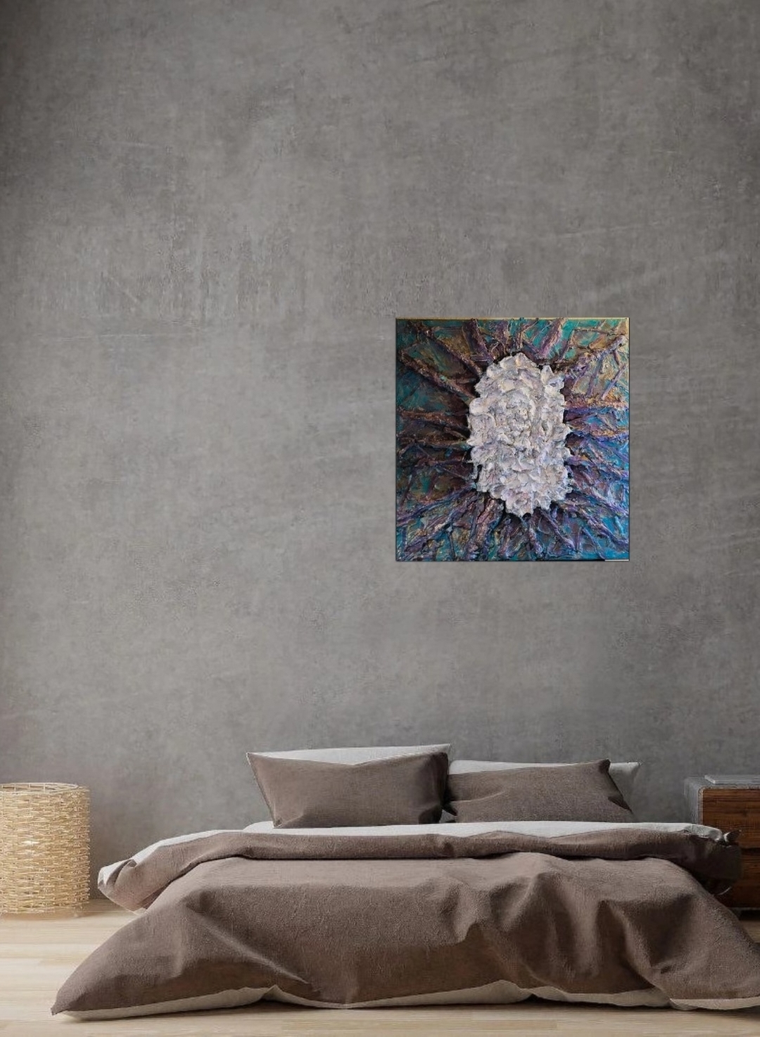 Картина трансформация " Преображение". Контраст холодных синих и тёплых золотых оттенков, сочетание акрила и аппликаций для создания объёмного эффекта на плоскости.