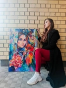 Яркий портрет с цветами для девушки на холсте по фото, ручная работа. 110*80 см, 300р