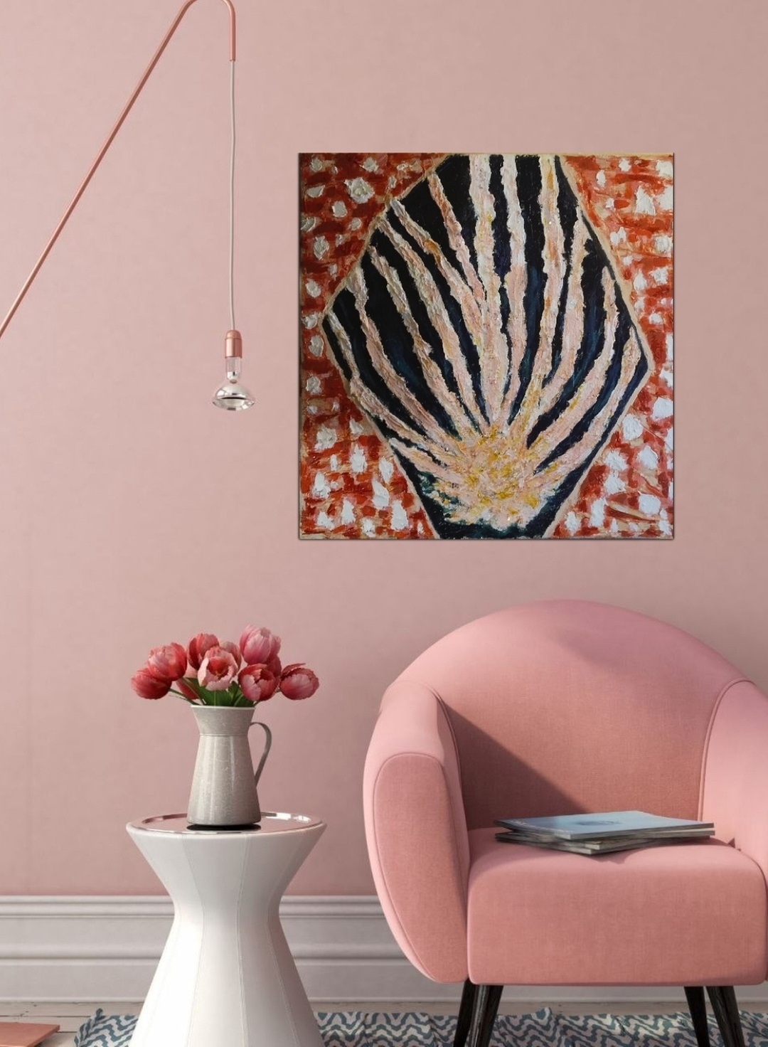 Картина "Праздник всегда со мной!" поражает яркой, солнечной палитрой, где золотистый узор на чёрном фоне напоминает сияющий фейерверк или праздничный салют.