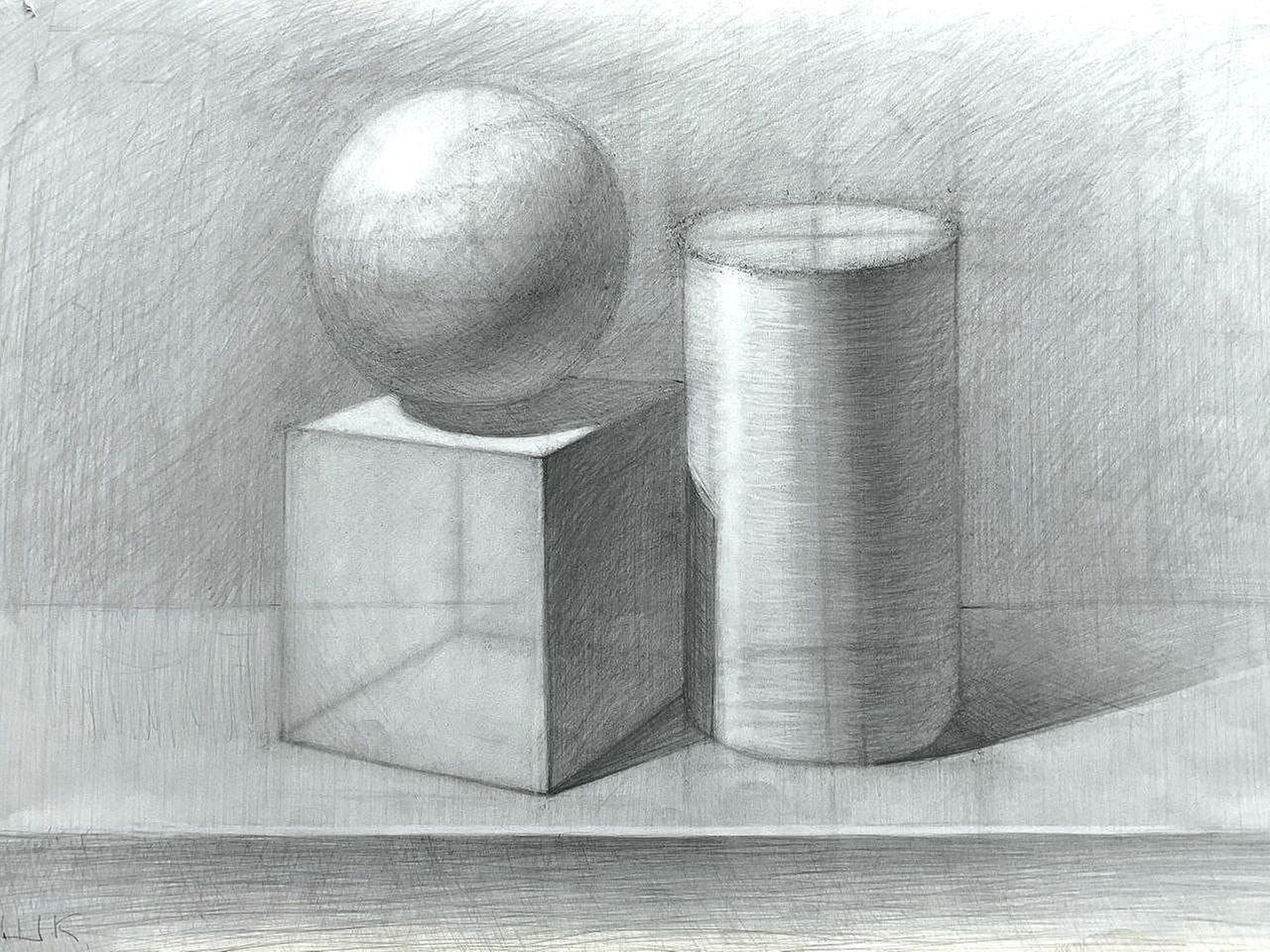 Композиция из геометрических тел — шара, куба и цилиндра, выполненная карандашом, демонстрирует умение работать со светотенью, перспективой и передачей объёма. Такие упражнения являются основой подготовки к поступлению в художественные учебные заведения.