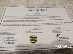 Сертификат участия в семинаре "Политика, экономика, общество Германии на практике", при участии члена Саксонского земельного парламента.