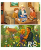 1. Тёплые тона, мягкие текстуры, блики. Эмоции переданы через жесты и семейные ценности.
2. Яркие краски, детализированные цветы, блики. Передана любовь и романтика через свет и цвет.