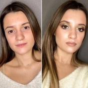 На фотографии представлен вечерний макияж с акцентом на естественную красоту. Использовались нежные оттенки теней и румян, легкий подводка глаз и блеск для губ. Создавался образ с легкими штрихами для естественного сияния.