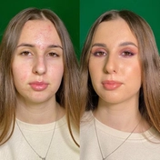 Результат макияжа для фотосессии с использованием розовых теней. Использовались основа, корректор, розовые тени, тушь, помада и фиксирующий спрей. Создание включало подготовку кожи, нанесение продуктов и акцентирование на глазах и губах.
