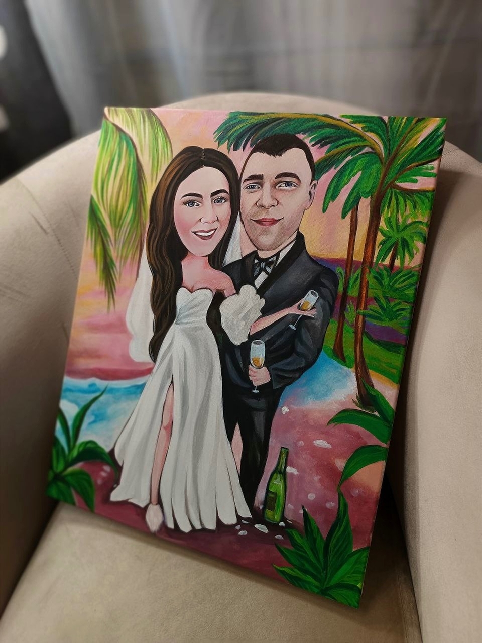 Шарж на холсте акриловыми красками, размер 40*50.
Использовала динамичные мазки и сочные оттенки, чтобы подчеркнуть эмоции и индивидуальность героев.