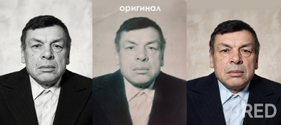 Реставрация портрета. Мутное ч/б фото → чёткость, детализация лица, цветокоррекция, колоризация. По центру — оригинал, по краям — два восстановленных варианта. Обрело глубину и объём. 

Восстановлю даже очень плохое фото.