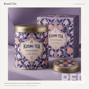 Kusmi Tea: концепт банки и подарочной коробки с орнаментом цветков и цитрусов. Личный редизайн, не заказ бренда. Визуализация, не фото тиража.
