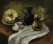 Натюрморт в темных оттенках. 
Выполнена маслом.