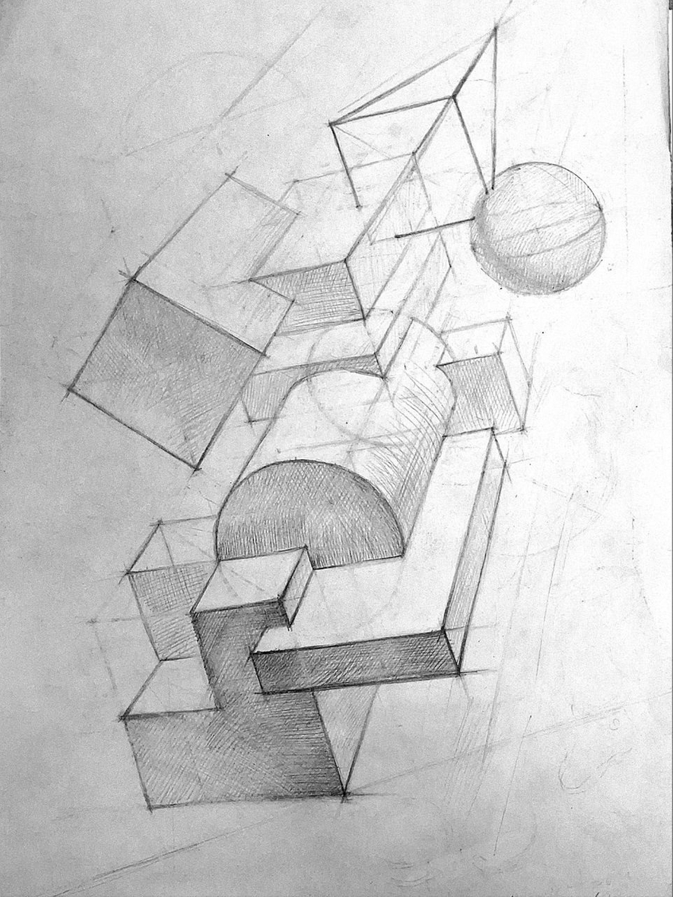 Техника: графика, штриховка для передачи объёма и фактуры поверхностей.
Цель: развитие пространственного мышления и навыков построения сложных форм.
Особенности: правильная передача теней и освещения создаёт реалистичность изображения.