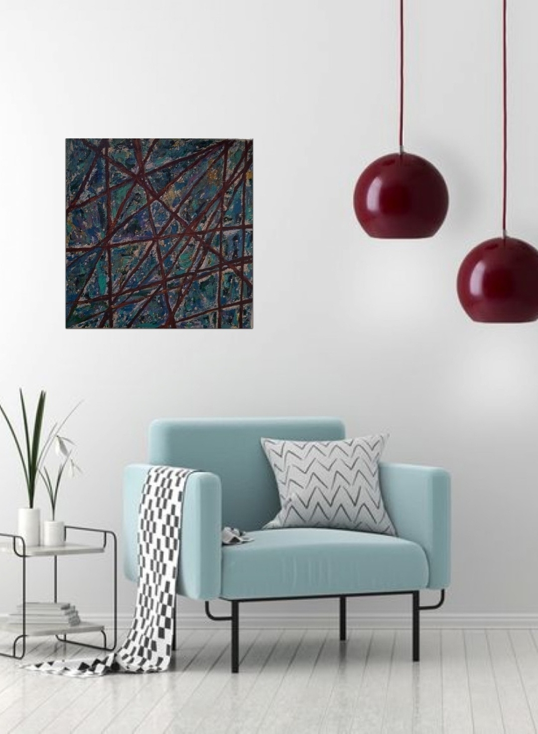 Абстрактная композиция из переплетённых линий и угловатых форм, напоминающая цифровой лабиринт или фрагмент футуристической карты.