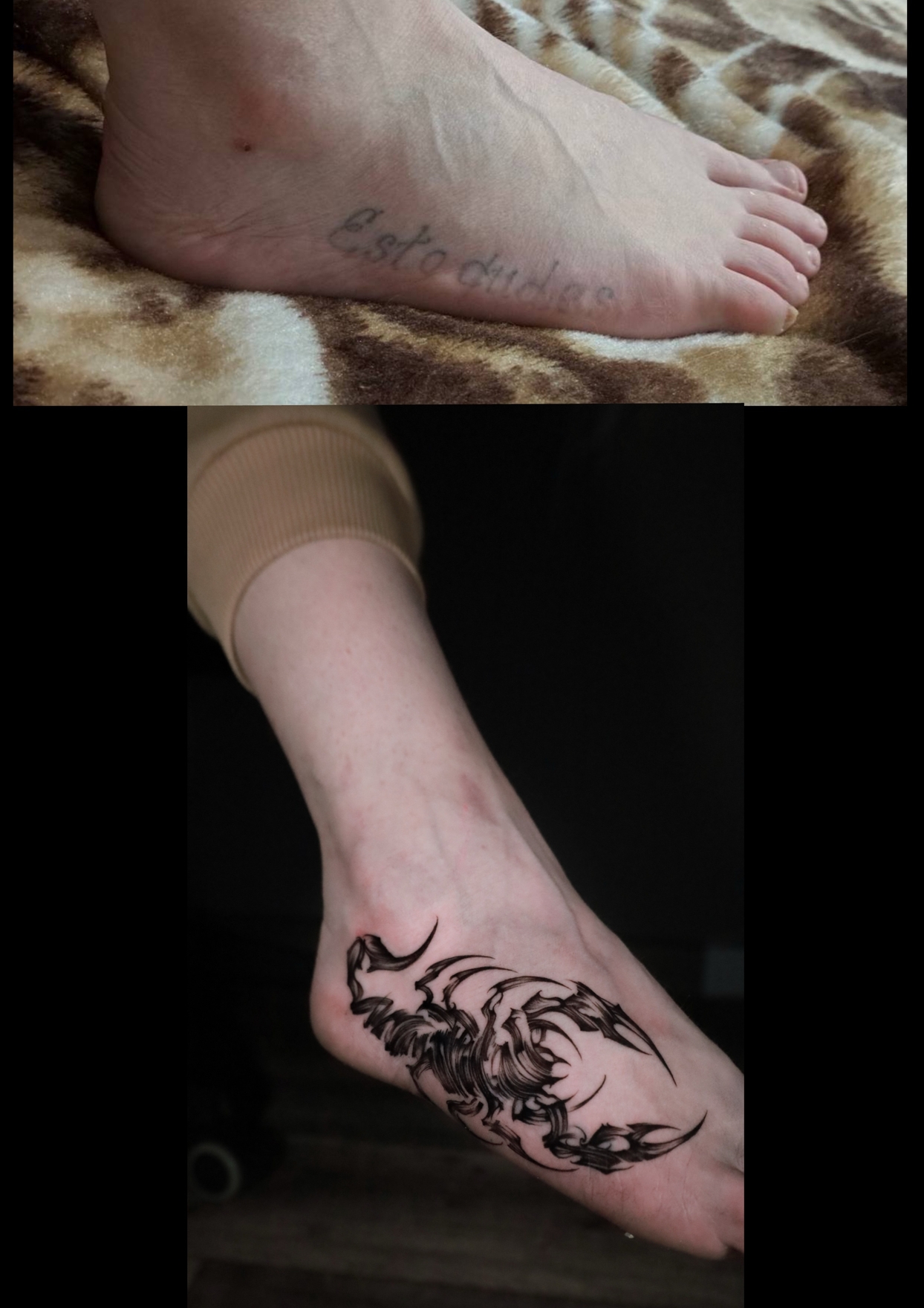 Перекрытие старой татуировки, на ноге перекрыли старую надпись скорпионом. Работа выполнена за 6ч, краска Pantera, иглы wjx.