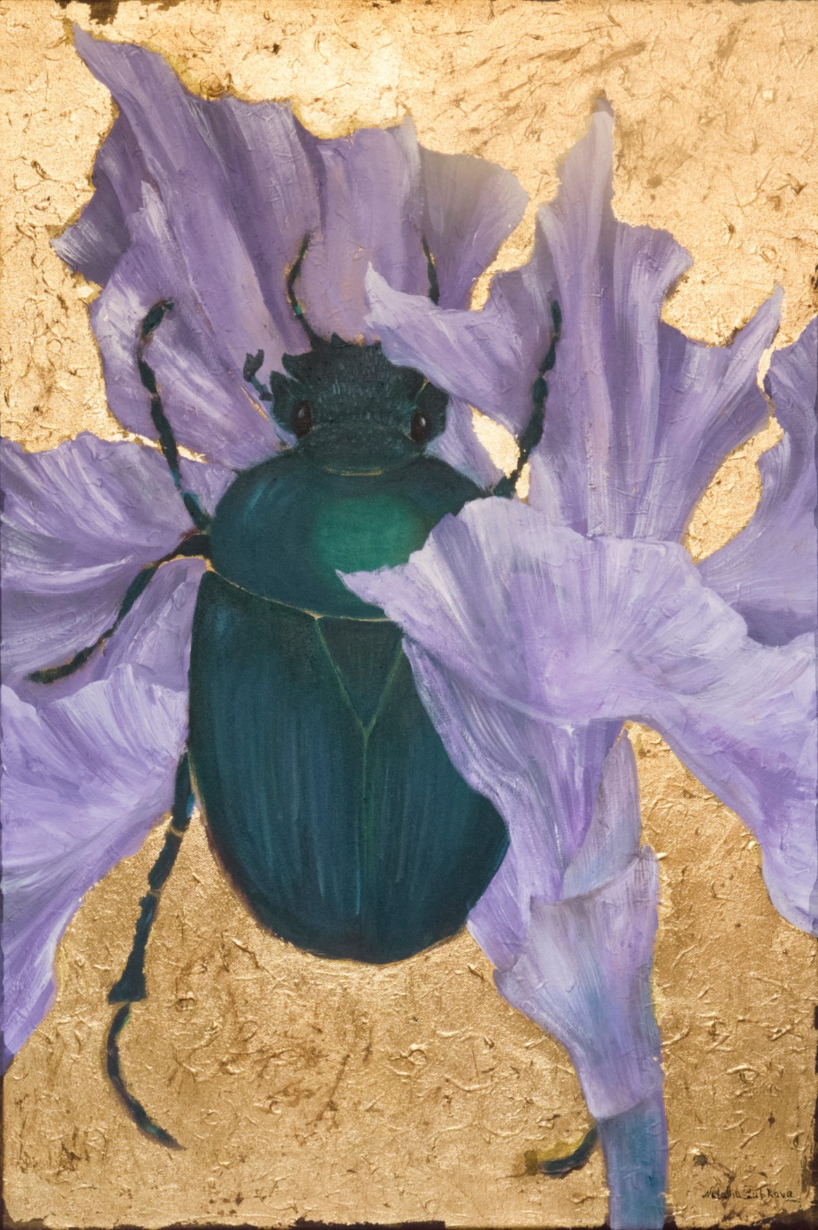 Картина выполнена акрилом и подолью. Ирис и скарабей.
