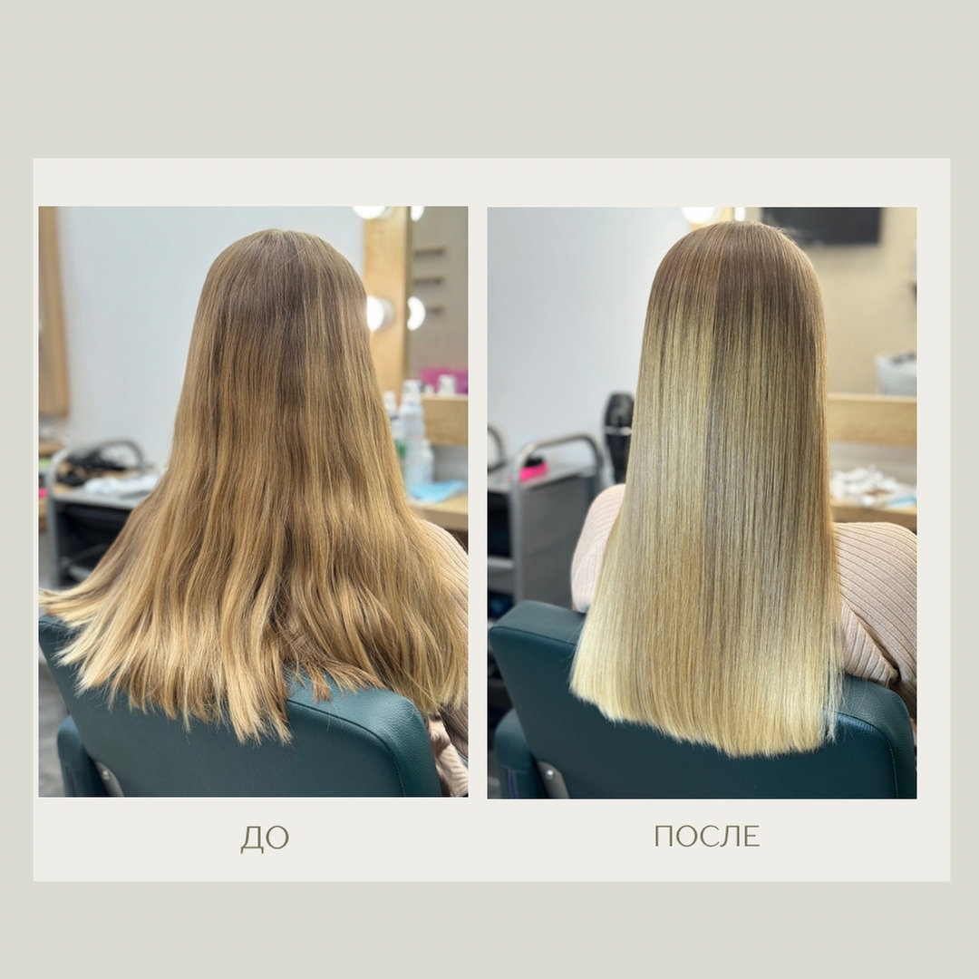 Ботокс в горячей технике. Волосы напитанные, уплотненные и блестящие.