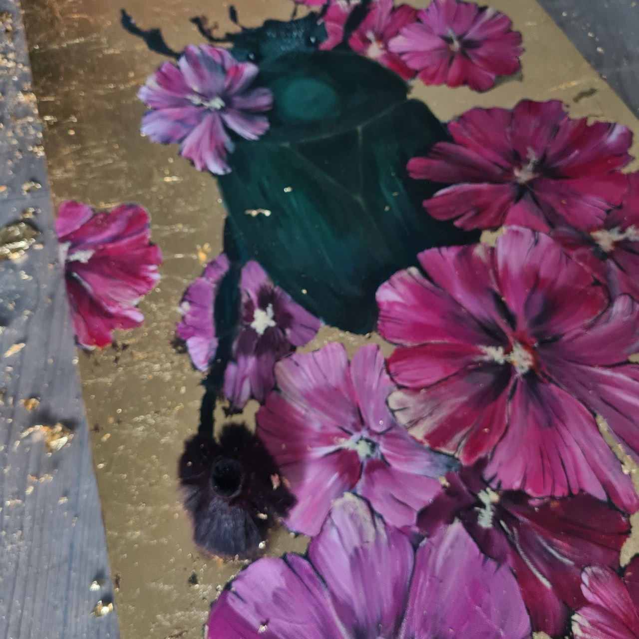 Картина выполнена акрилом и поталью. Мальва и жук скарабеи.