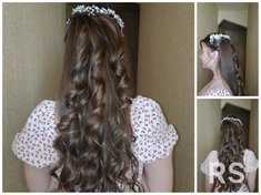 Укладка длинных волос в локоны и подбор украшений для завершения образа.