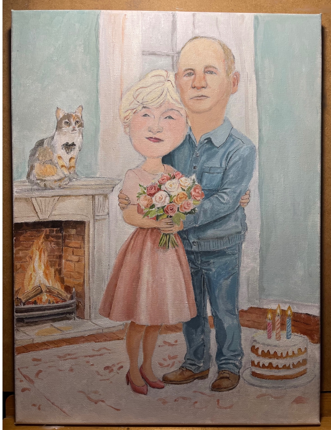 Проект: Шарж пары, на день рождения
Цель: Создать запоминающийся подарок, который вызовет улыбку и отразит индивидуальность героев.
Задачи: Сохранить узнаваемость героев
Решение: Работа с референсами, эскизами
финальная работа акрилом на холсте 30 × 40 см.