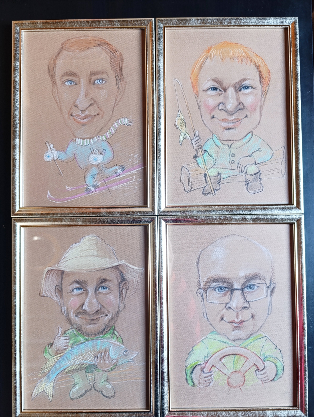 Шаржи по фотографии. Подарок к 23 февраля. Тонированная бумага а4, акварельные карандаши, пастель.