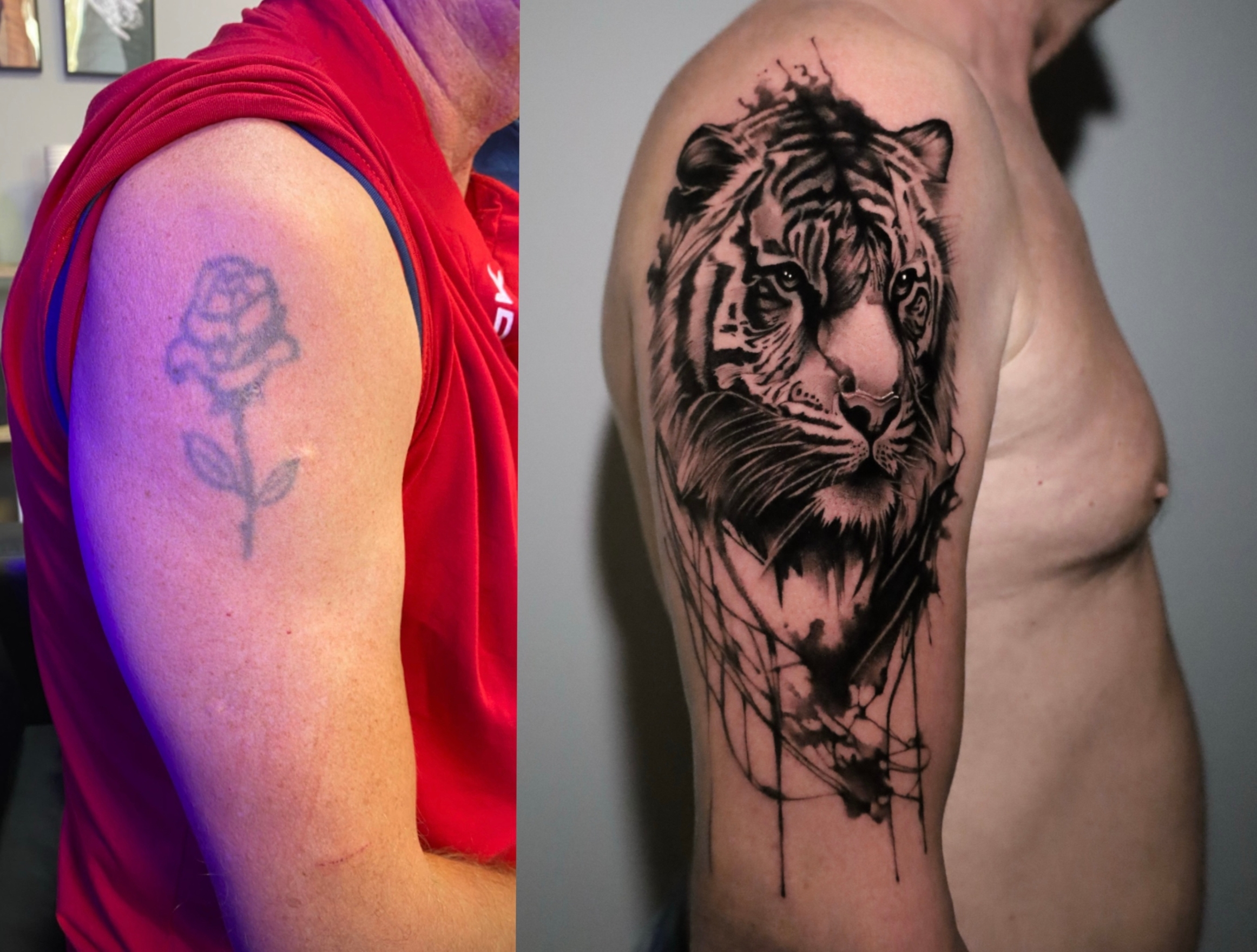 Перекрытие старой татуировки, работа выполнена за 6ч, краска Pantera, иглы wjx.