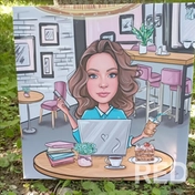 Портрет в кофейне в Procreate. Проработаны интерьер, свет, детали. Результат — уютный цифровой шарж для печати.