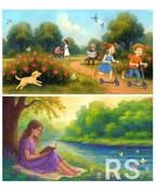 1. Детали природы, мягкие текстуры, светлые тона. Эмоции переданы через движение и взаимодействие.
2. Нежные мазки, гармоничная палитра, отражения. Создано ощущение покоя и умиротворения.