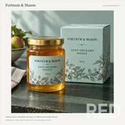 Fortnum & Mason: концепт этикетки мёда и подарочной коробки с тонкой ботанической графикой. Личный редизайн, не заказ бренда. Визуализация, не фото тиража.