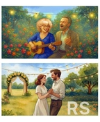 1. Детализированные цветы, тёплые тона, мягкий свет. Эмоции переданы через мимику и жесты.
2. Нежные мазки, светлые оттенки, блики. Передана романтика и лёгкость момента.