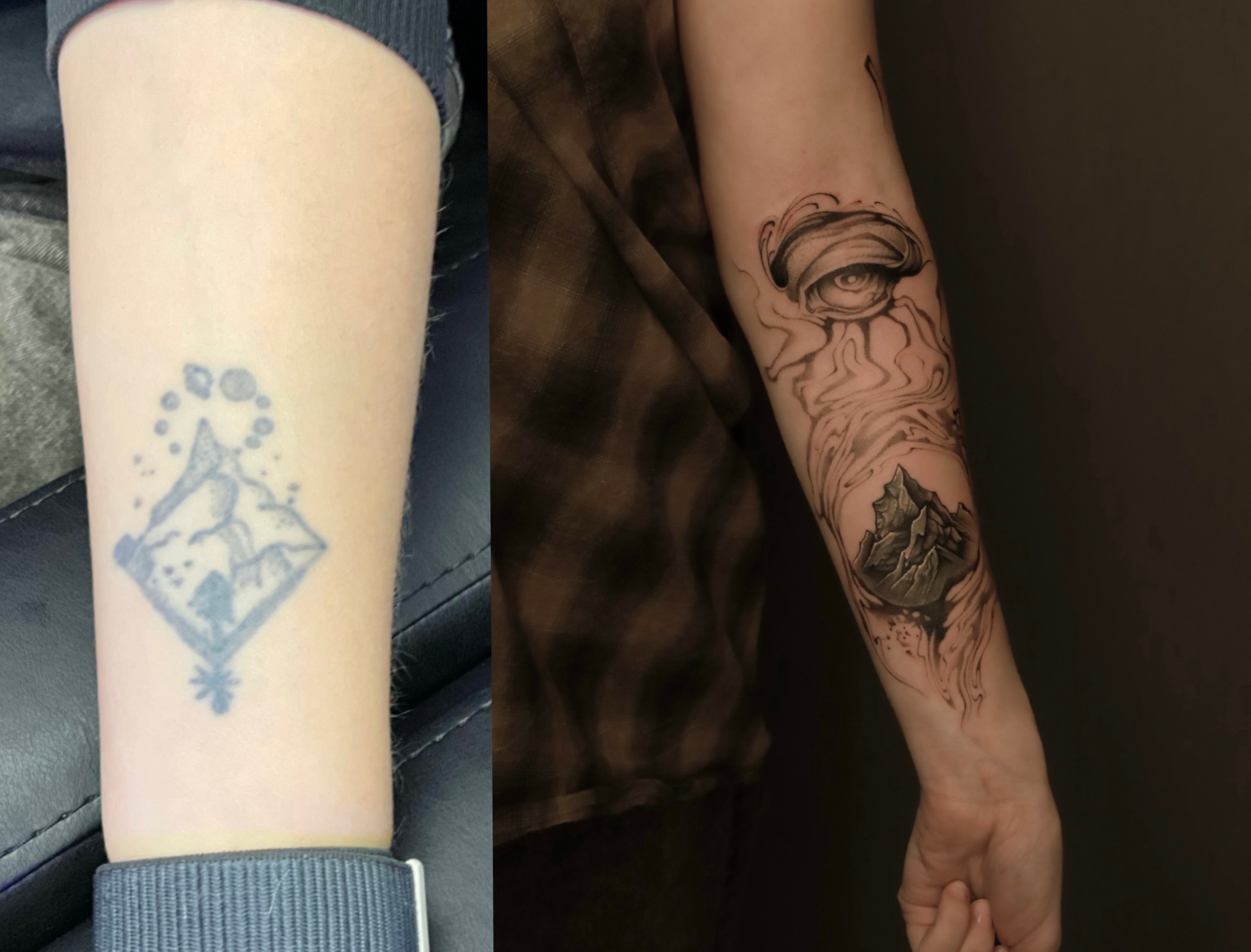 Перекрытие старой татуировки гор, сделали поверх новую работу. Теперь красивые горы и глаз. работа выполнена за 6ч, краска Pantera, иглы wjx.