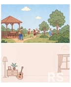 Использованы акварельные тона для передачи свежести природы. Персонажи прорисованы мягкими линиями, подчёркивающими движение. Композиция построена на контрасте зелёных оттенков и светлого неба.